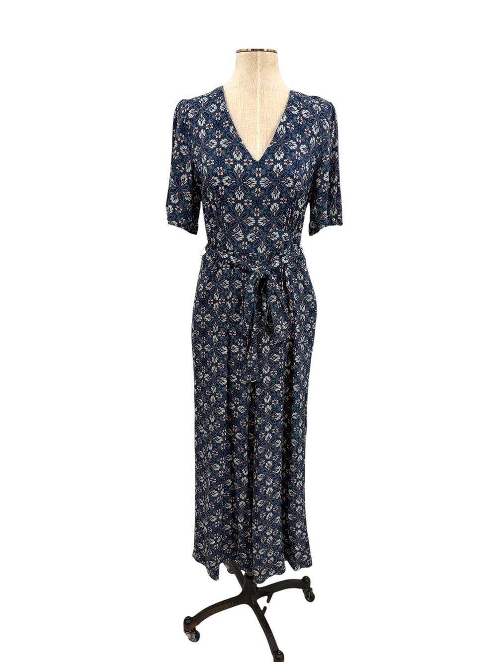 Anthropologie LAIA Floral Wide Leg Jumpsuit Tie Waist Blue Viscose Size Small